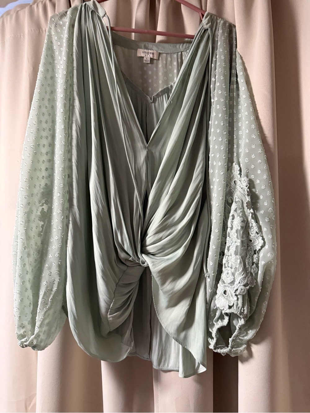 Umgee Sage Green Dot Twist-Front Blouse